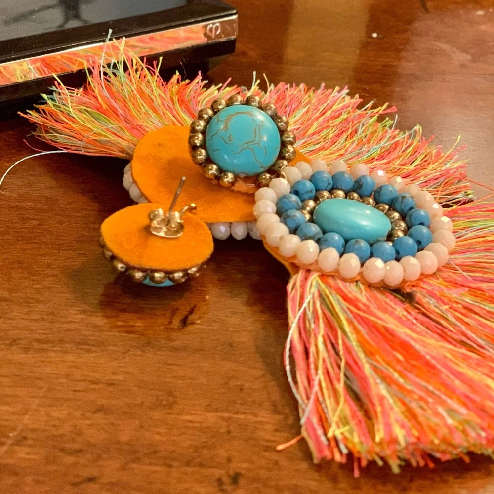 NEIMAN MARCUS Hand Beaded Fringe Statement Earrings - Picture 13 of 15